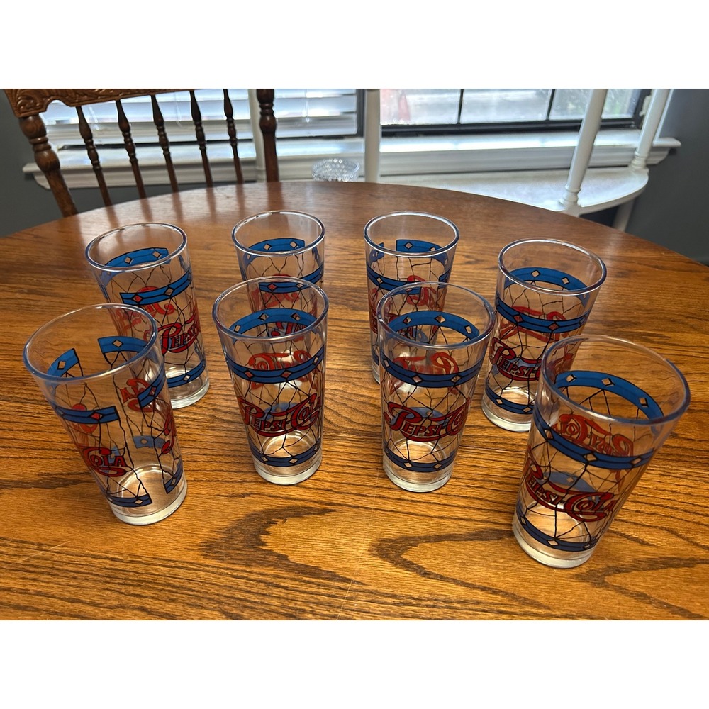 Vintage Pepsi-Cola Tiffany Style Stained Glass Leaded Design Tumblers Set of 8